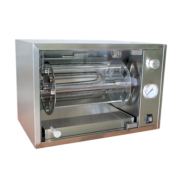 Girarrosto in acciaio inox con griglie e termometro, ideale per barbecue e cucina professionale