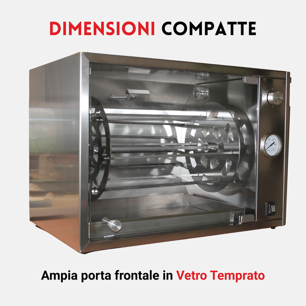 Girarrosto in acciaio inox con vetro temprato e dimensioni compatte, ideale per barbecue e cucina professionale.