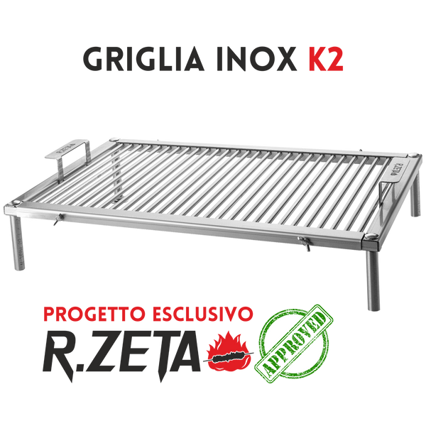 Griglia inox K2 per barbecue, progetto esclusivo R.Zeta, robusta e professionale per cucina all'aperto
