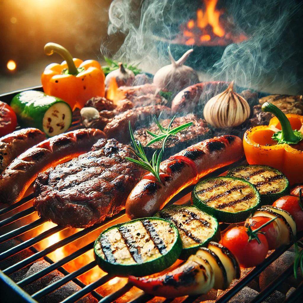 Grigliata di carne e verdure su barbecue con fiamme e fumo