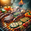 Grigliata di carne e verdure su barbecue con fiamme e fumo