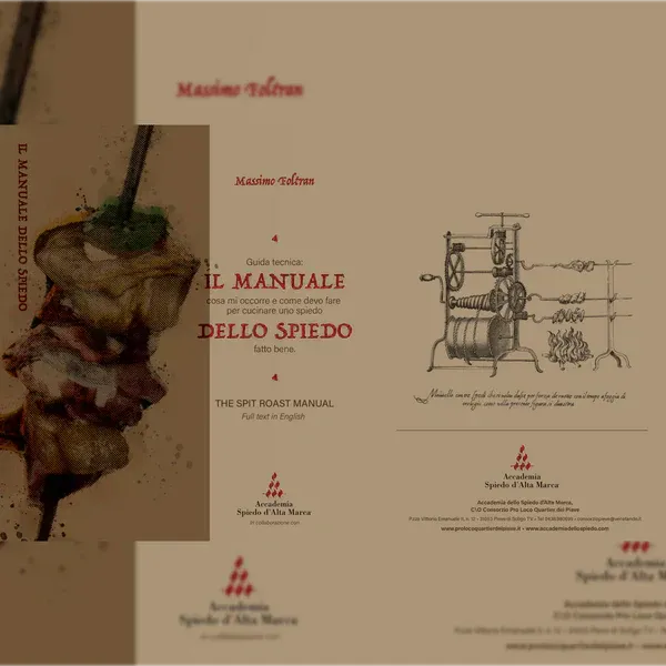 Manuale dello spiedo con guida tecnica per arrostire alla perfezione, illustrato con disegni di girarrosti e spiedi.