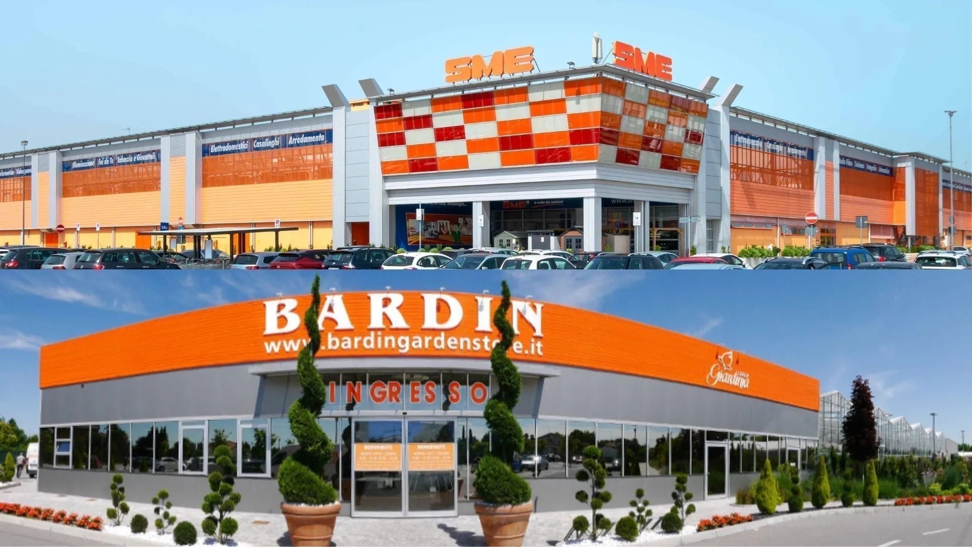 Negozio SME e Bardin con facciate arancioni e parcheggio pieno