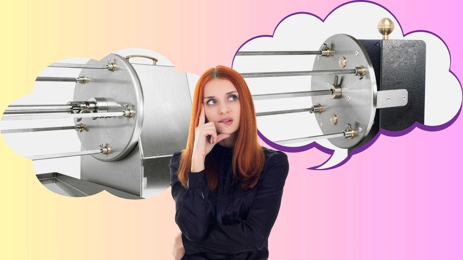 Donna pensierosa con girarrosti in acciaio inox, ideale per barbecue e cucina professionale.