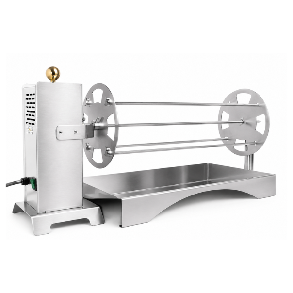 Girarrosto in acciaio inox professionale con griglia e motore per barbecue e cucina esterna