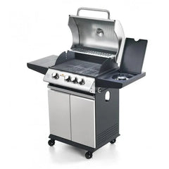 Barbecue a gas in acciaio inox con griglia, bruciatori e ripiano laterale, ideale per cucina all'aperto
