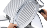 Affettatrice Sirman Raffaello Evo — dettaglio carrello scorrevole con binari inox lucidati