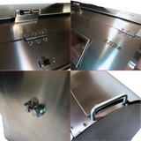 Dettaglio costruttivo forno girarrosto elettrico RZeta — cerniere inox, maniglie e logo inciso