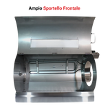 Forno girarrosto elettrico RZeta aperto — camera inox con girarrosto e leccarda anti-fumo