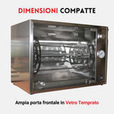 Girarrosto in acciaio inox con vetro temprato e dimensioni compatte, ideale per barbecue e cucina professionale.