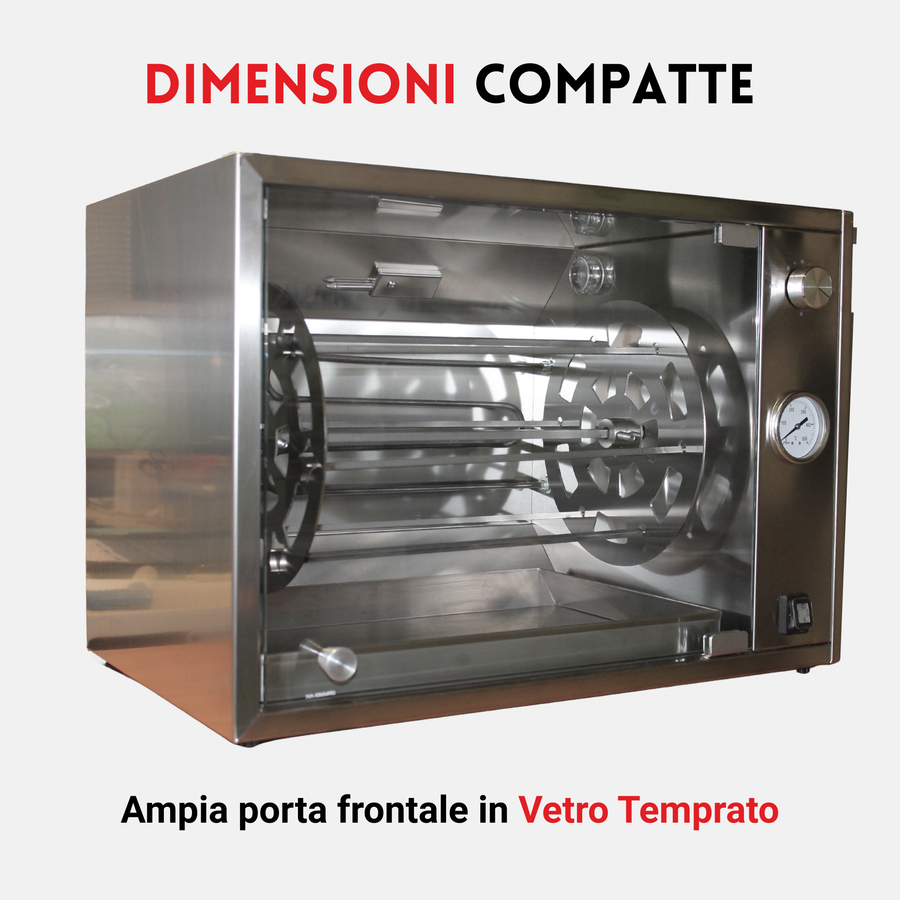 Girarrosto in acciaio inox con vetro temprato e dimensioni compatte, ideale per barbecue e cucina professionale.