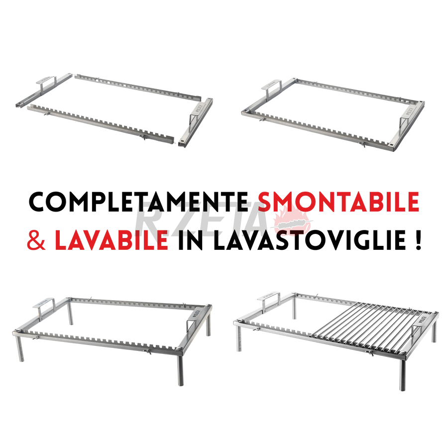 Griglia in acciaio inox smontabile e lavabile in lavastoviglie per barbecue e girarrosti