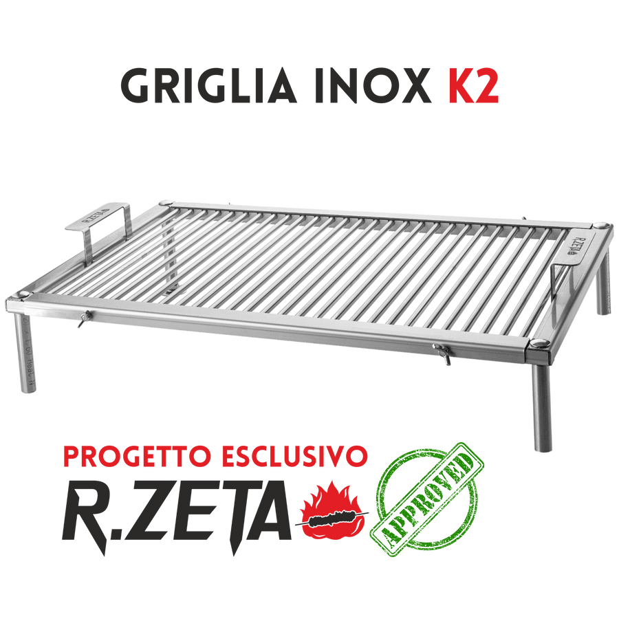 Griglia inox K2 per barbecue, progetto esclusivo R.Zeta, robusta e professionale per cucina all'aperto