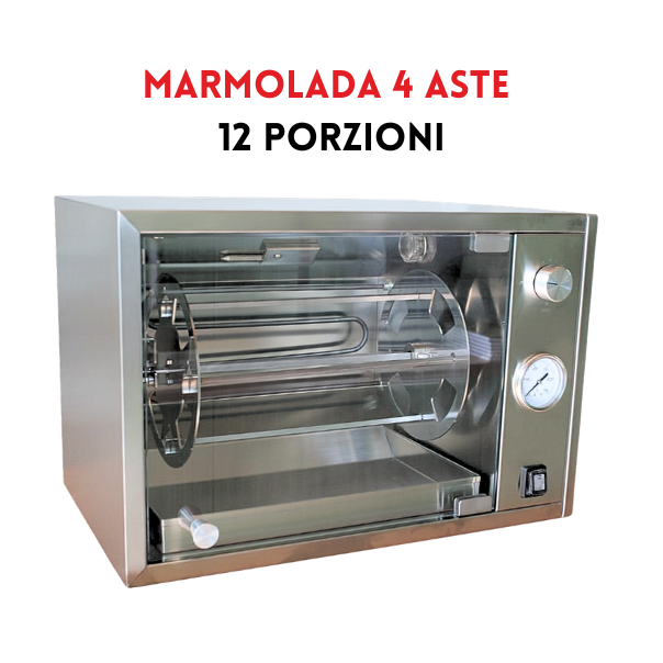 Girarrosto elettrico professionale Marmolada 4 aste RZeta — 12 porzioni, inox 304, vetro temperato