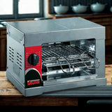 Tostiera Sirman 4Q vista frontale con 2 pinze aperte — timer 0-15 min, copertura inox