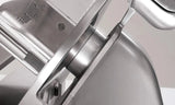 Affettatrice Sirman Palladio — dettaglio carrello e parafetta in acciaio inox 304