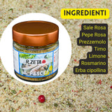 Ingredienti salamoia Il Pesce RZeta — sale rosa, pepe rosa, prezzemolo, timo, limone e erba cipollina