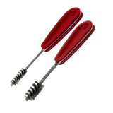 Spazzole per barbecue con manico rosso e setole metalliche, ideali per pulizia griglie e girarrosti