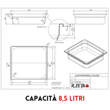 Schema tecnico vasca gastronorm in acciaio inox 2/3x100, capacità 8,5 litri, AISI 304