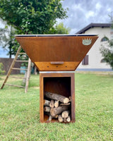 BBQ a legna Clementi Colorado corten — vista Instagram con vano legna e logo Clementi
