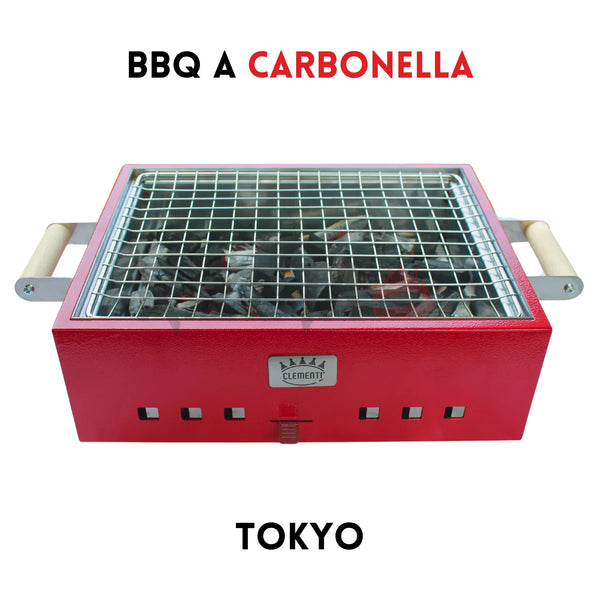 Barbecue a carbonella Tokyo Clementi finitura rossa — 42x32 cm, griglia inox, manici legno