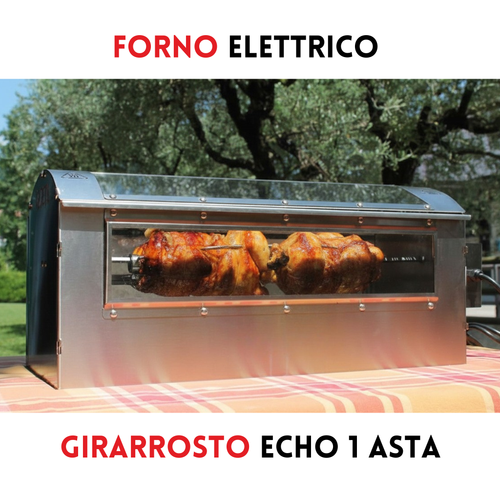 Forno girarrosto elettrico Echo 1 asta RZeta — aperto con pollo in cottura, inox 304