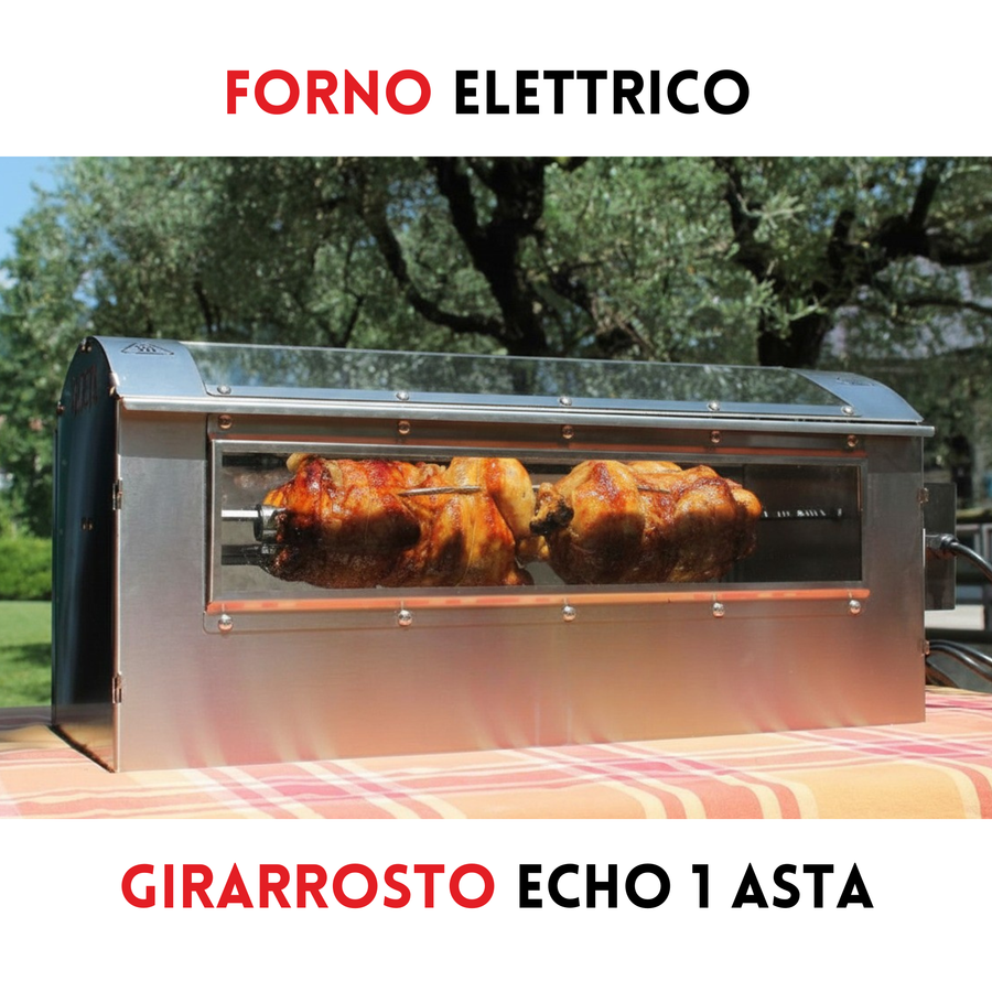Forno girarrosto elettrico Echo 1 asta RZeta — aperto con pollo in cottura, inox 304