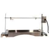 Girarrosto a legna Echo 1 asta RZeta — vista frontale con motoriduttore 6W e piedistalli inox