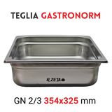 Teglia Gastronorm in acciaio inox GN 2/3, dimensioni 354x325 mm, ideale per cucina professionale.