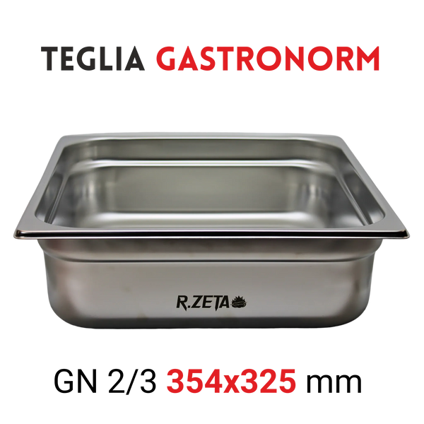 Teglia Gastronorm in acciaio inox GN 2/3, dimensioni 354x325 mm, ideale per cucina professionale.