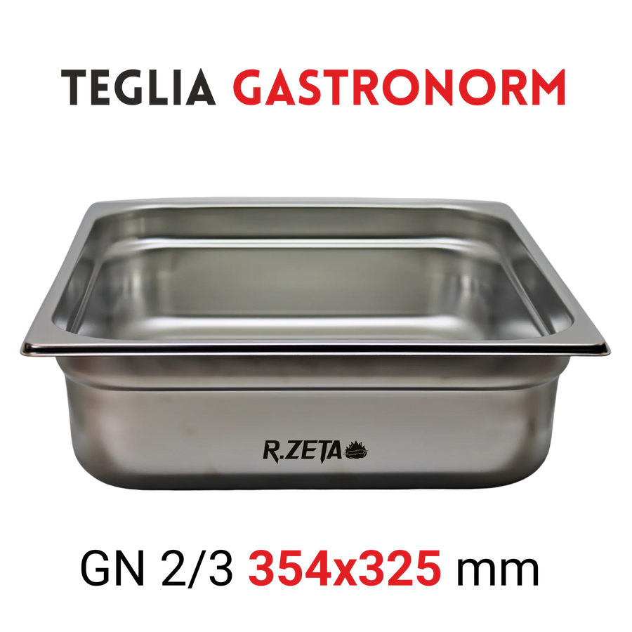 Teglia Gastronorm in acciaio inox GN 2/3, dimensioni 354x325 mm, ideale per cucina professionale.