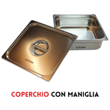 Coperchio in acciaio inox con maniglia per vaschetta gastronorm, ideale per cucina professionale e privata.